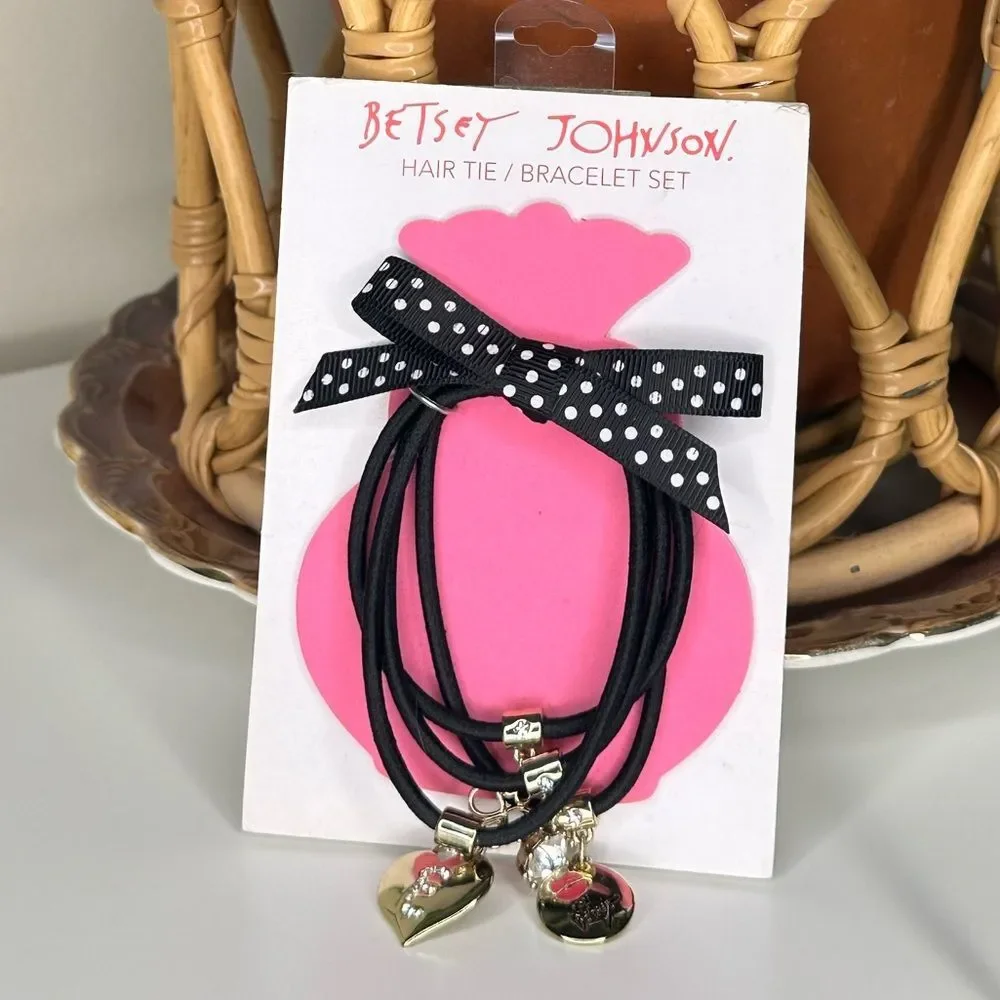 Betsey Johnson Hair Tie Bracelet Set | Black with Gold & Crystal Charms | NWT
